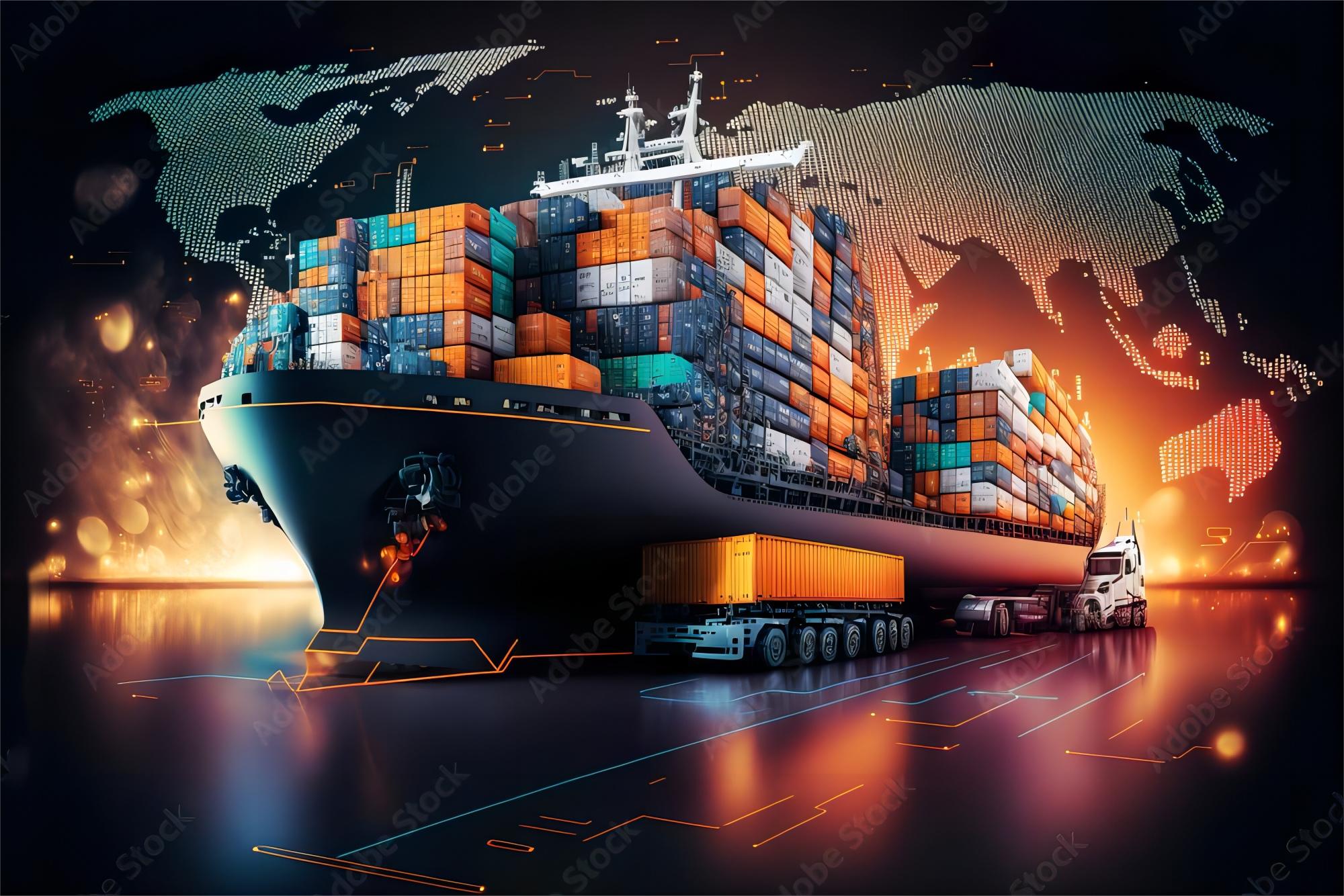 Cargo ships and containers at a bustling port, symbolizing international freight.