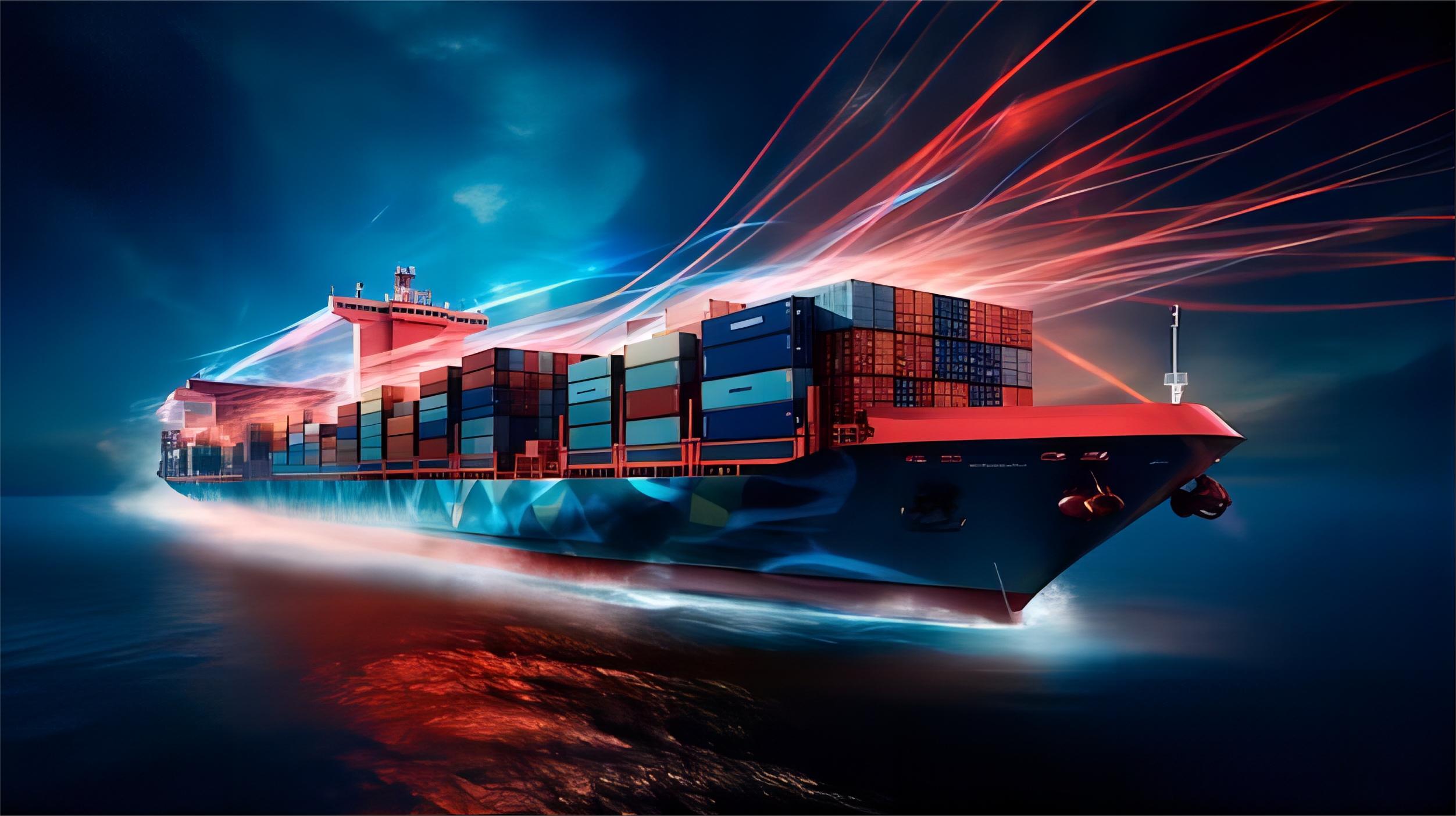 Cargo containers stacked at a busy port with a ship in the background