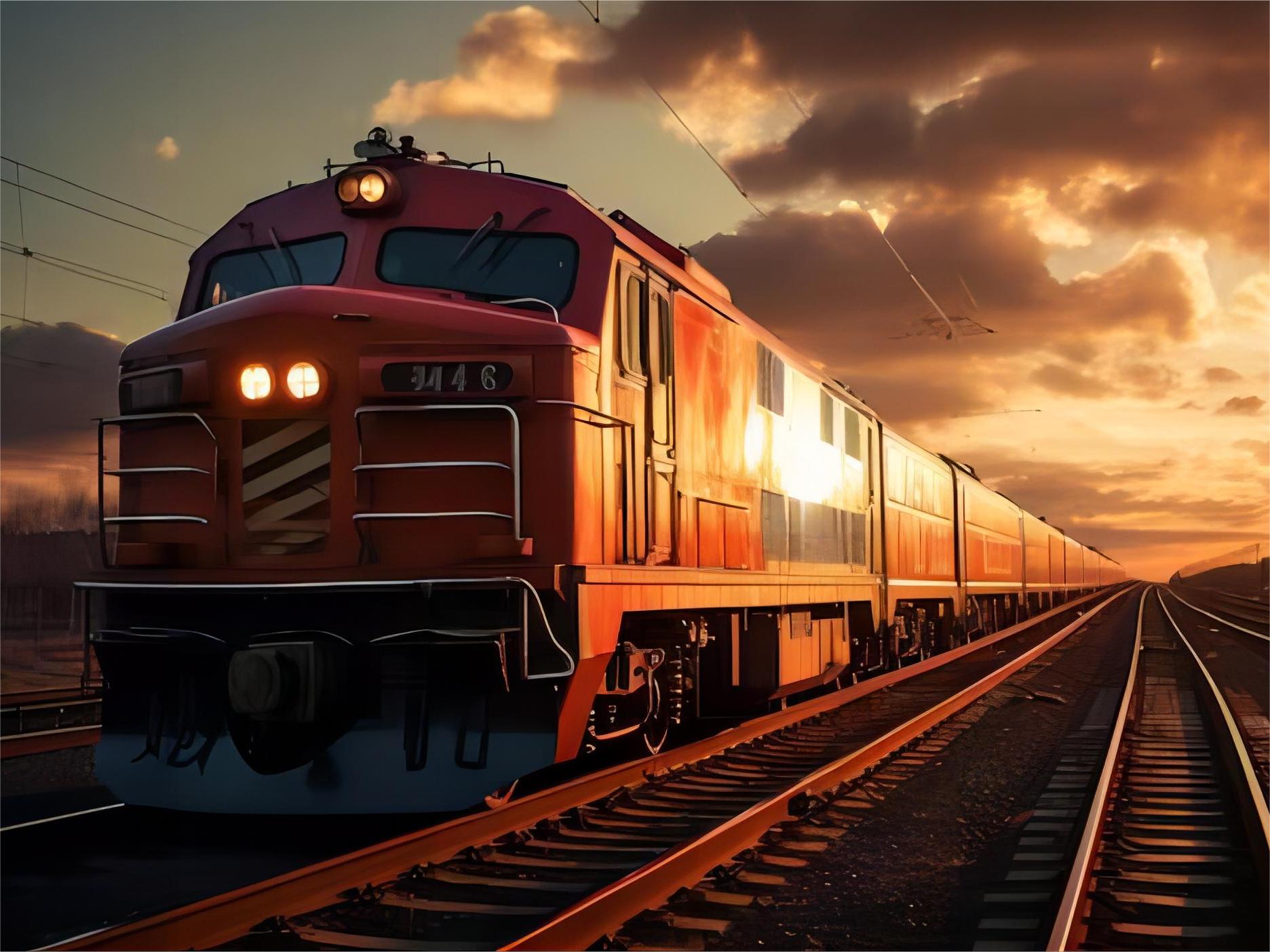 Modern freight train moving containers across a vast landscape