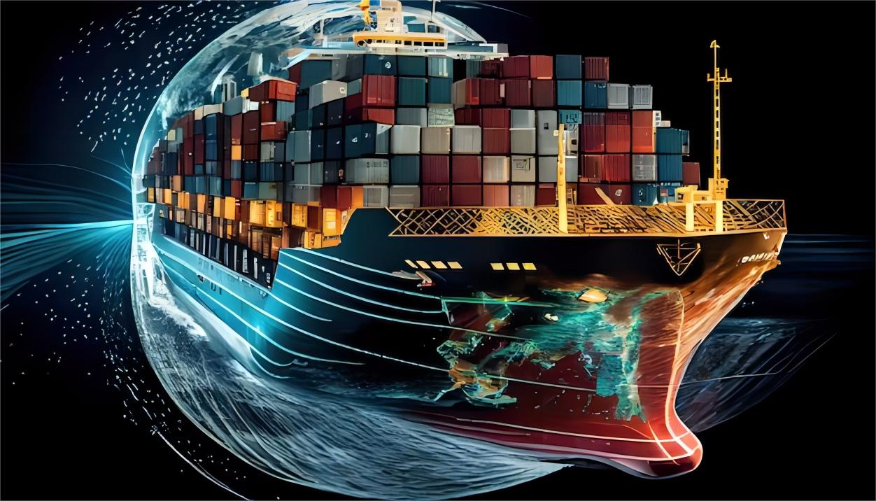 Cargo ship loaded with containers sailing from China to the USA