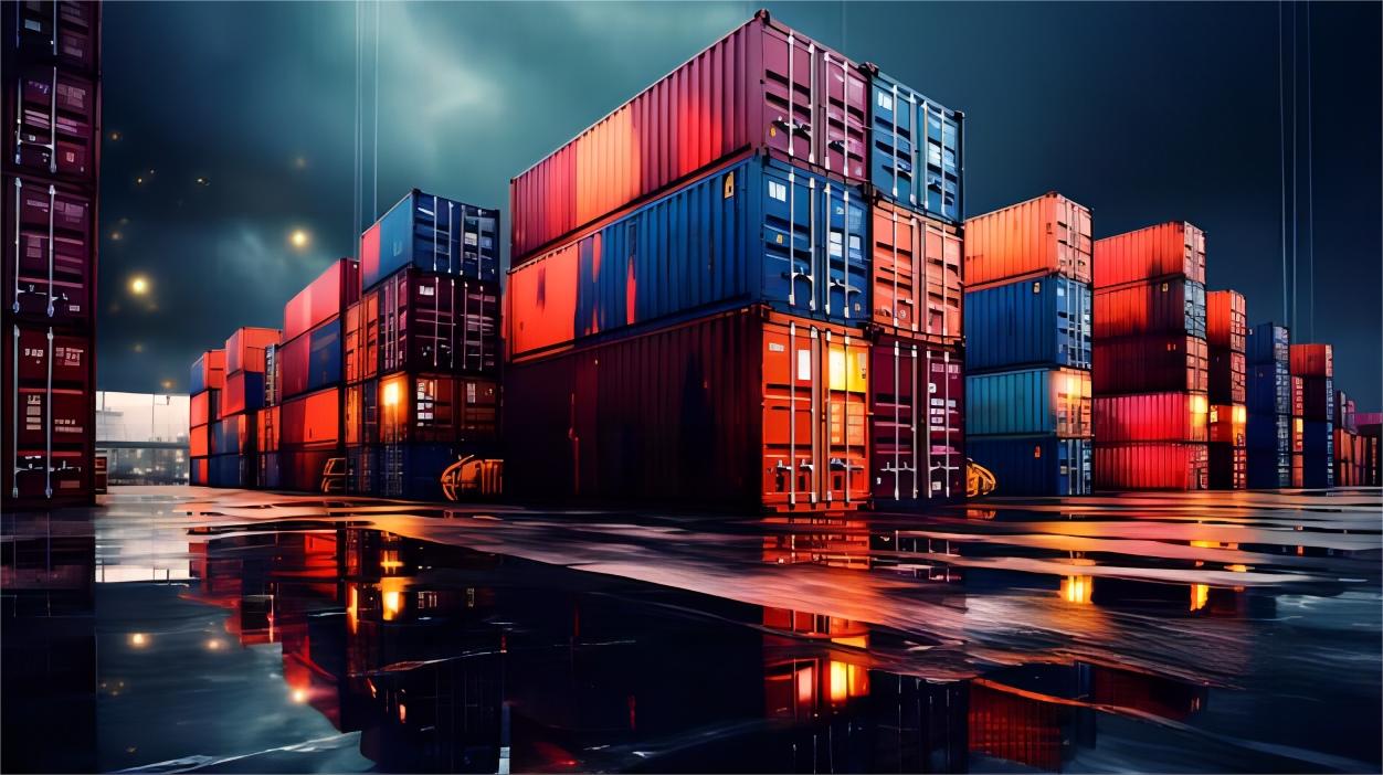 Shipping containers with medical equipment at a busy port, ready for transport to the USA
