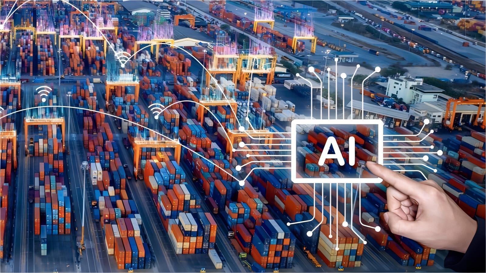 Shipping containers stacked at a busy port, symbolizing global trade