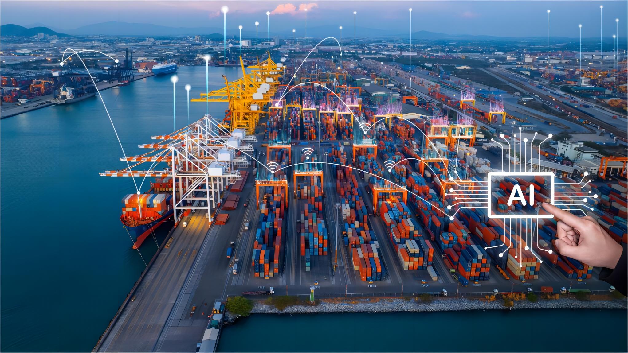 Container ships navigating a busy port channel