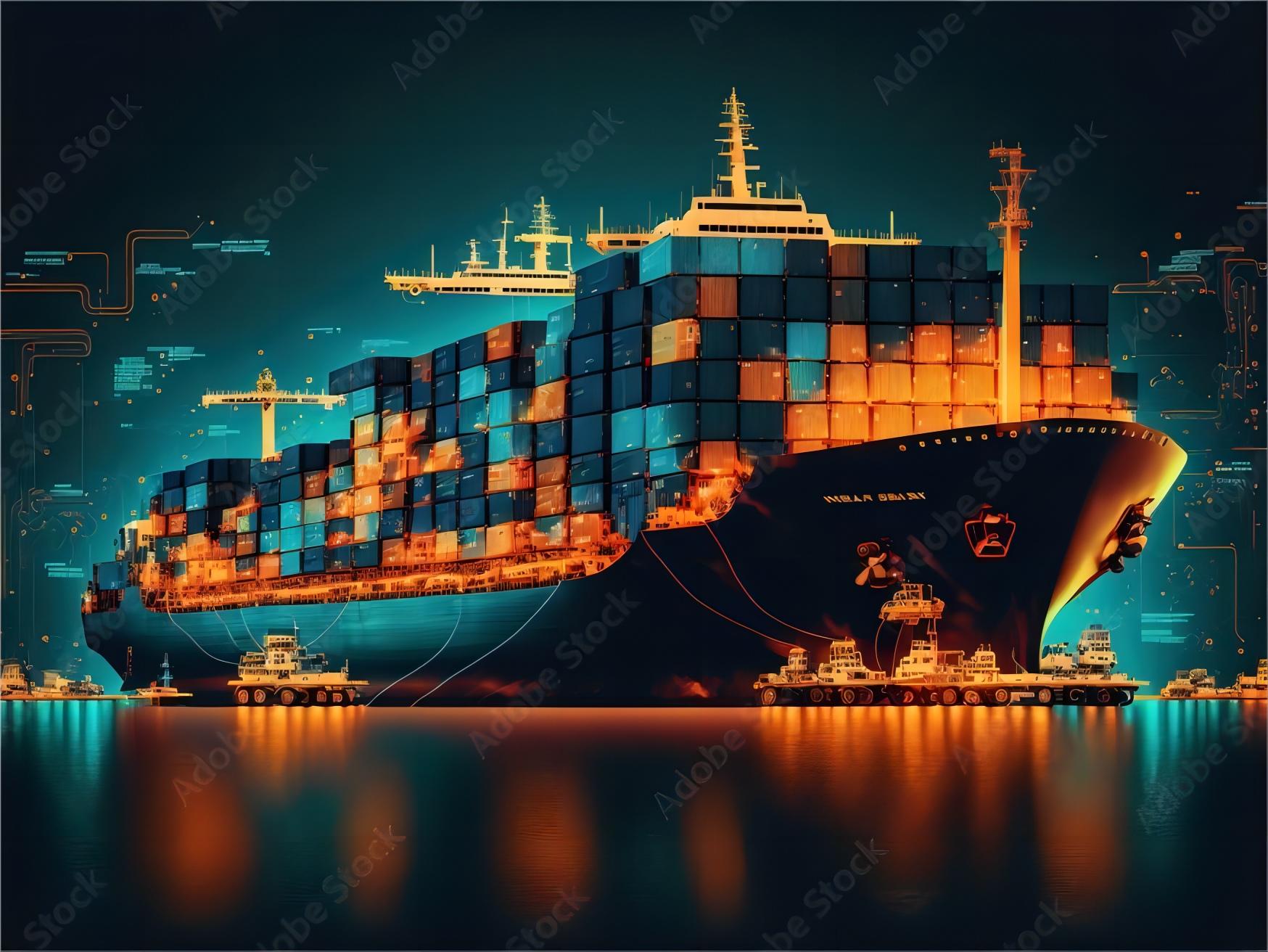 Cargo containers being loaded onto a ship at a busy port, symbolizing global trade