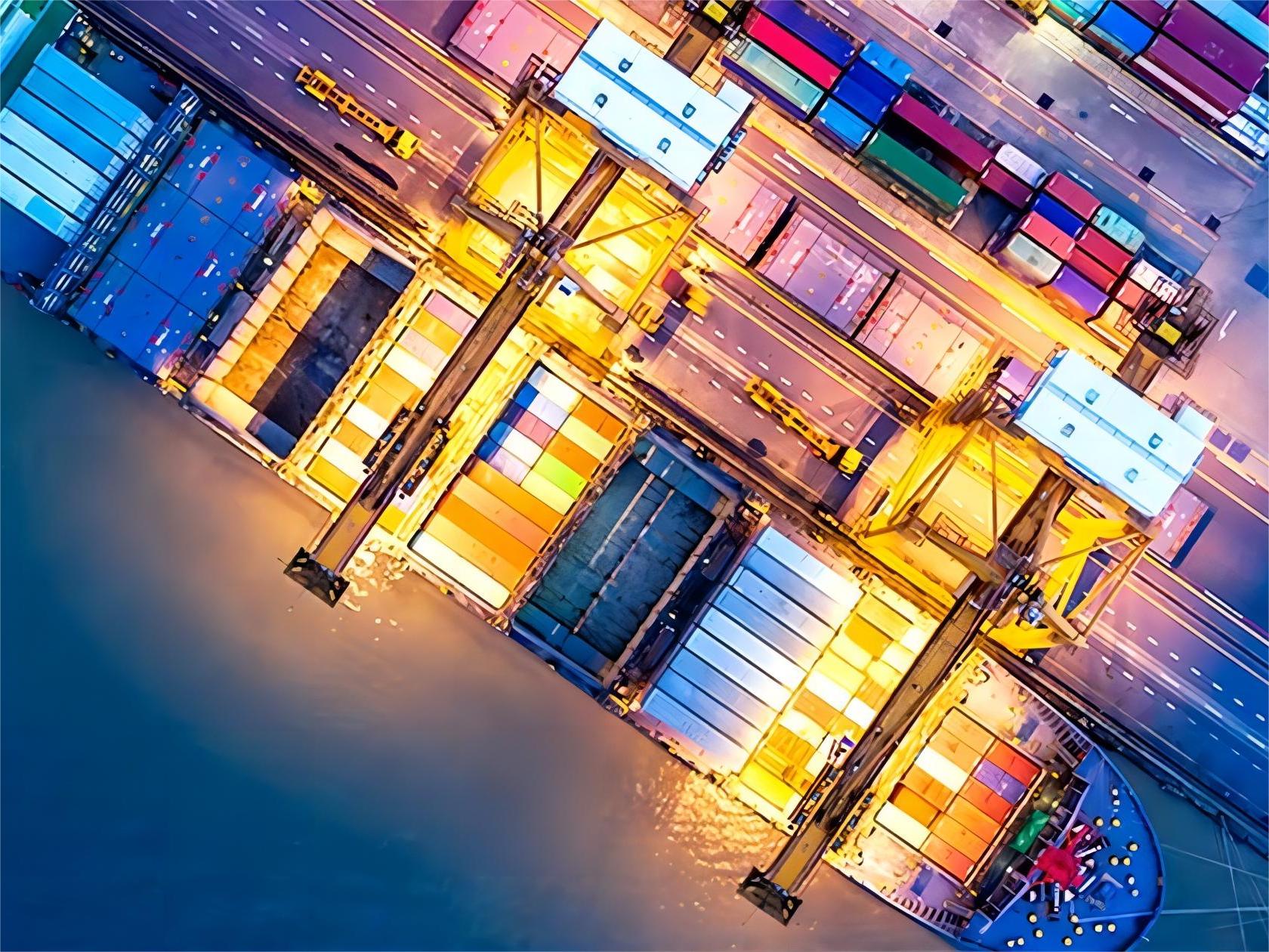 Flat rack container loaded with heavy machinery at a port