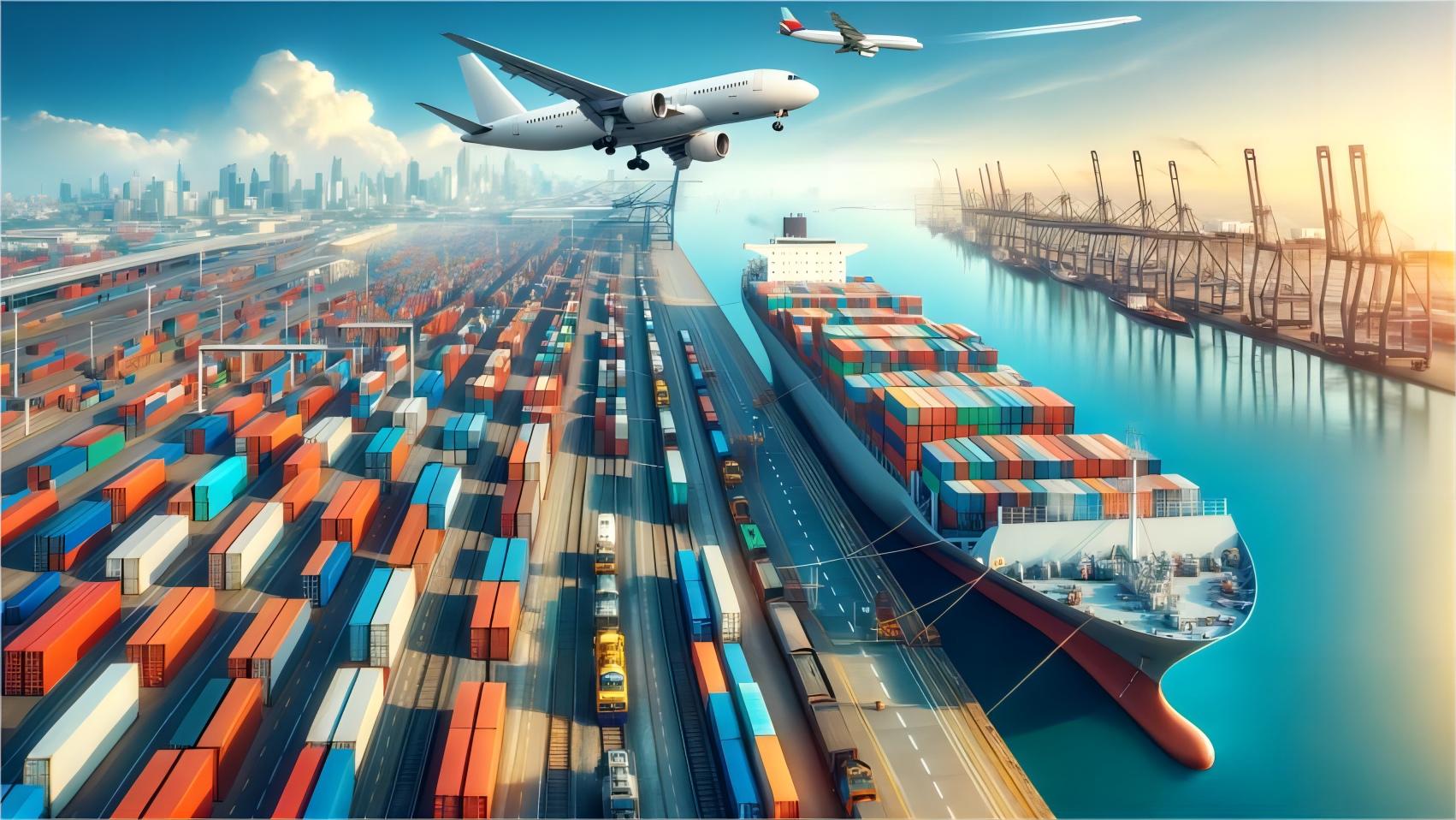 Container ship at a bustling port loading FCL cargo for international shipping