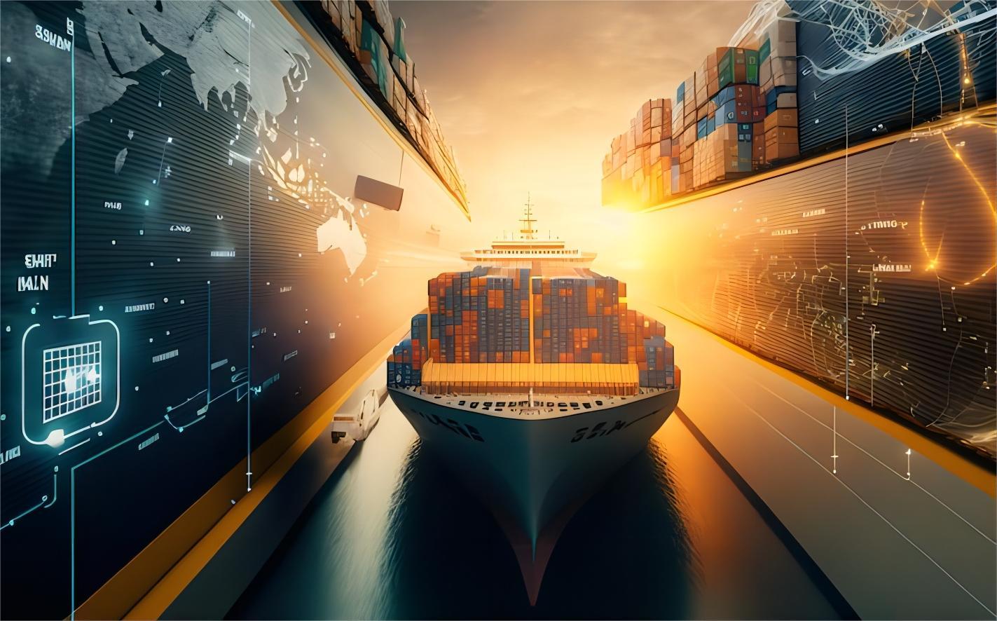 Shipping containers stacked at a bustling port with a cargo ship in the background