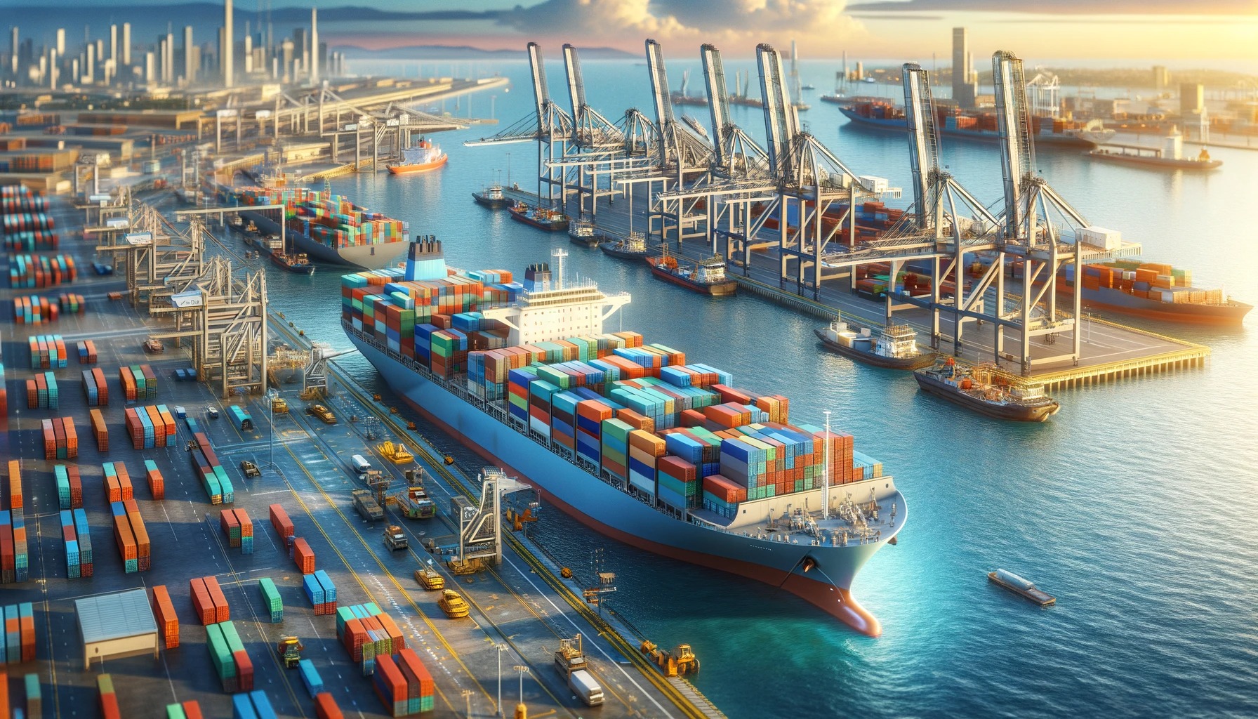 Container ship sailing on the ocean with a sunset backdrop