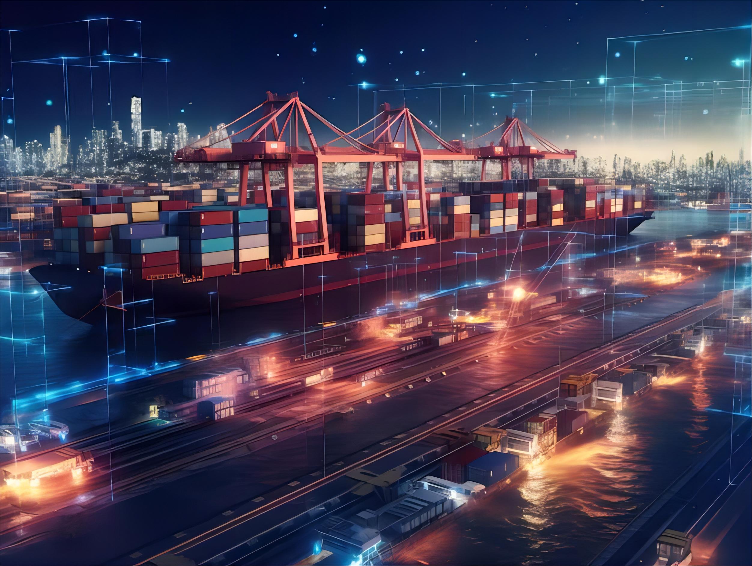 Cargo ships at a busy port with containers