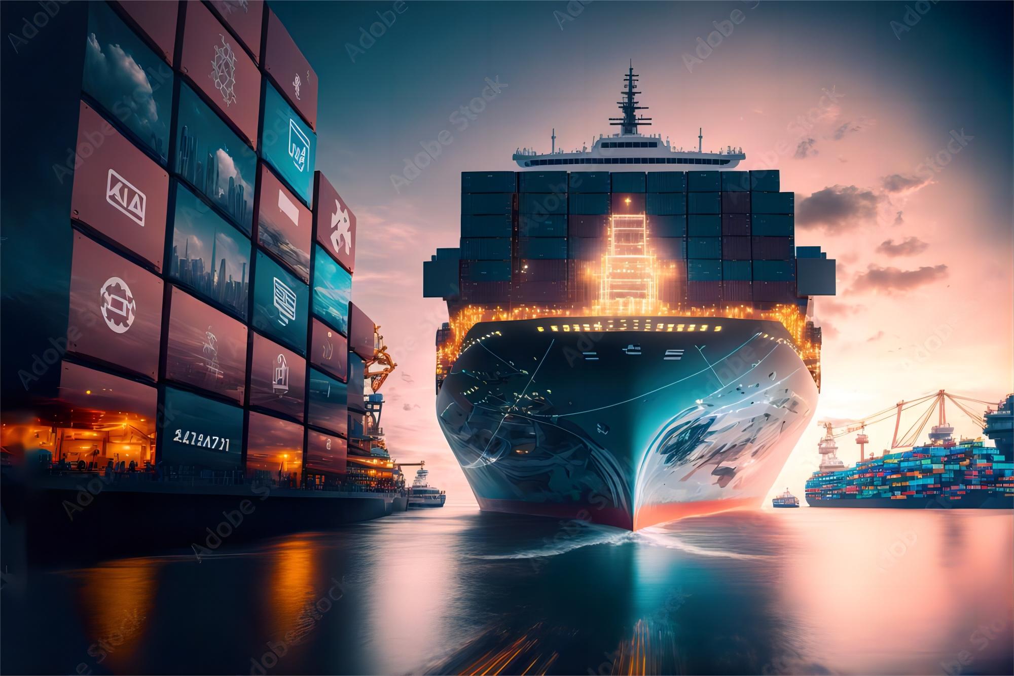 Container ship transporting goods from China to Italy