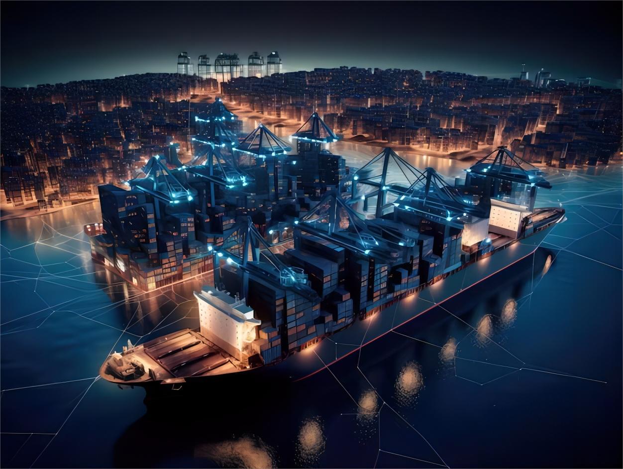 Cargo ship at a busy port in China