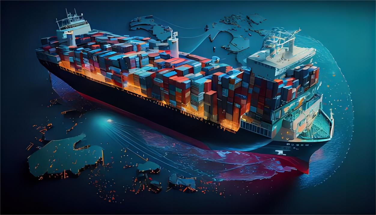 Cargo ship loaded with containers at a busy Chinese port